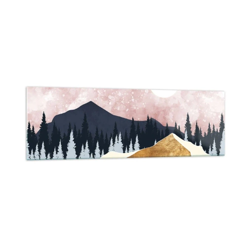 Obraz na szkle - Kolorowe góry na tle różowego nieba z księżycem - 160x50cm - Nocna straż - Nowoczesna dekoracja ścienna do salonu i sypialni ARTTOR