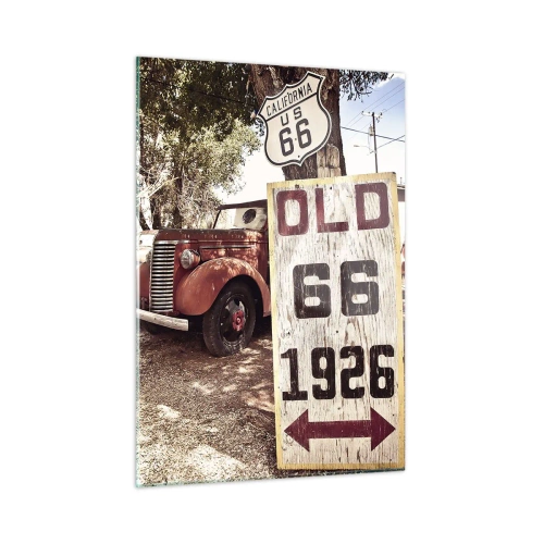 Obraz na szkle - Oldtimer i znak Route 66 w stylu retro - 50x70cm - Legenda amerykanskiej prowincji - Nowoczesna dekoracja ścienna do salonu, kuchni i sypialni ARTTOR