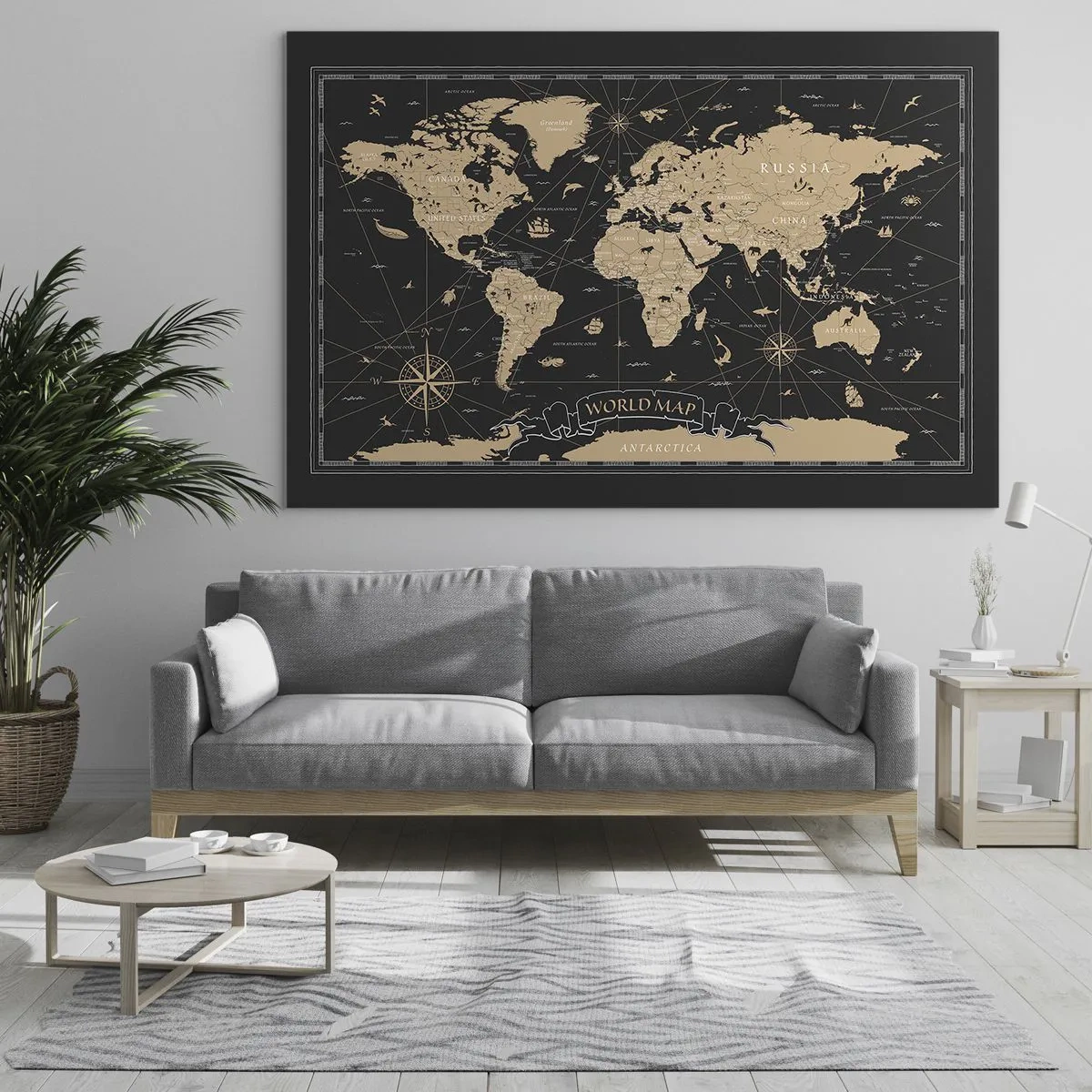 Obraz na szkle - Stylizowana mapa świata w odcieniach beżu i czerni - 70x50cm - Granice mojego świata - Nowoczesna dekoracja ścienna do salonu i sypialni ARTTOR
