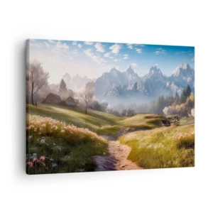 Obraz na płótnie - Górska dolina z łąkami, chatami i widokiem na szczyty - 70x50cm - Sielska dolina - Nowoczesna dekoracja ścienna do salonu i sypialni ARTTOR