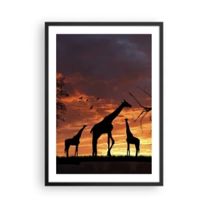 Plakat w czarnej ramie - Sylwetki żyraf o zachodzie słońca - 50x70cm - Mała kolacja w gronie najbliższych - Nowoczesna dekoracja ścienna do salonu i sypialni ARTTOR
