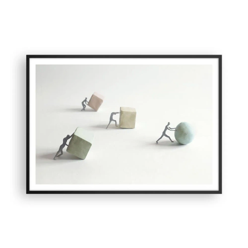 Plakat w czarnej ramie - Miniaturowe postacie pchające kształty na jasnym tle - 100x70cm - Samo życie - Nowoczesna dekoracja ścienna do salonu i sypialni ARTTOR