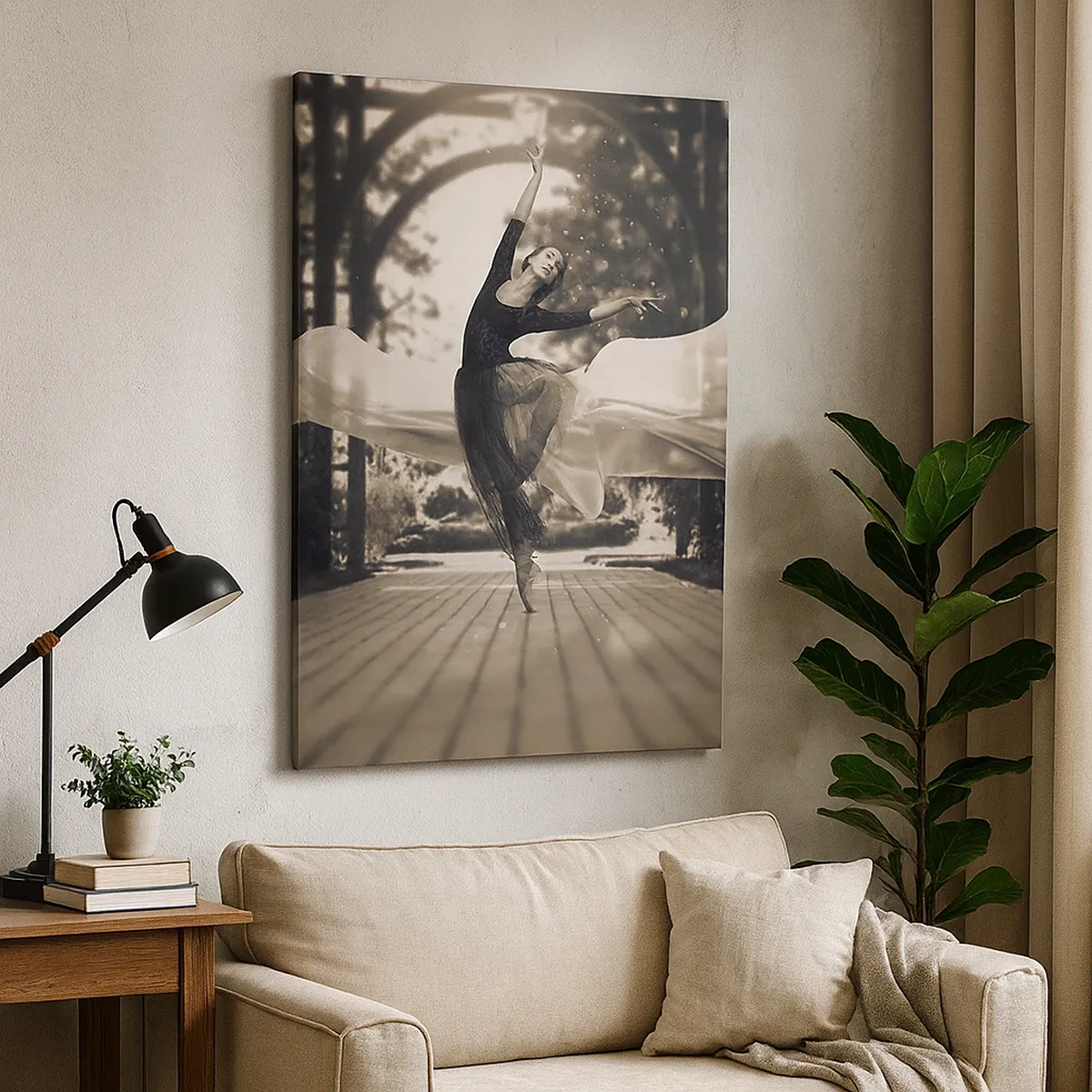 Obraz na płótnie - Baletnica w czarnej sukni tańcząca w ogrodzie z rozpostartym welonem - 50x70cm - Taniec ducha ogrodu - Nowoczesna dekoracja ścienna do salonu, kuchni i sypialni ARTTOR