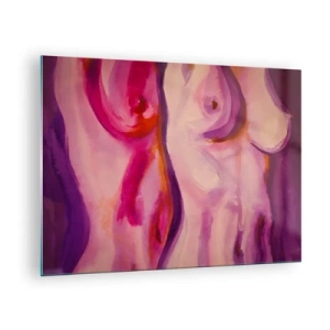 Obraz na szkle - Artystyczna interpretacja kobiecych sylwetek w odcieniach różu i fioletu - 70x50cm - Oda do kobiecości - Nowoczesna dekoracja ścienna do salonu i sypialni ARTTOR