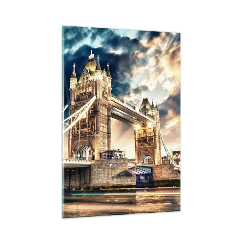 Obraz na szkle - Tower Bridge o zmierzchu na tle dynamicznego nieba - 80x120cm - Pomnik wiktoriańskiego imperium - Nowoczesna dekoracja ścienna do salonu i sypialni ARTTOR