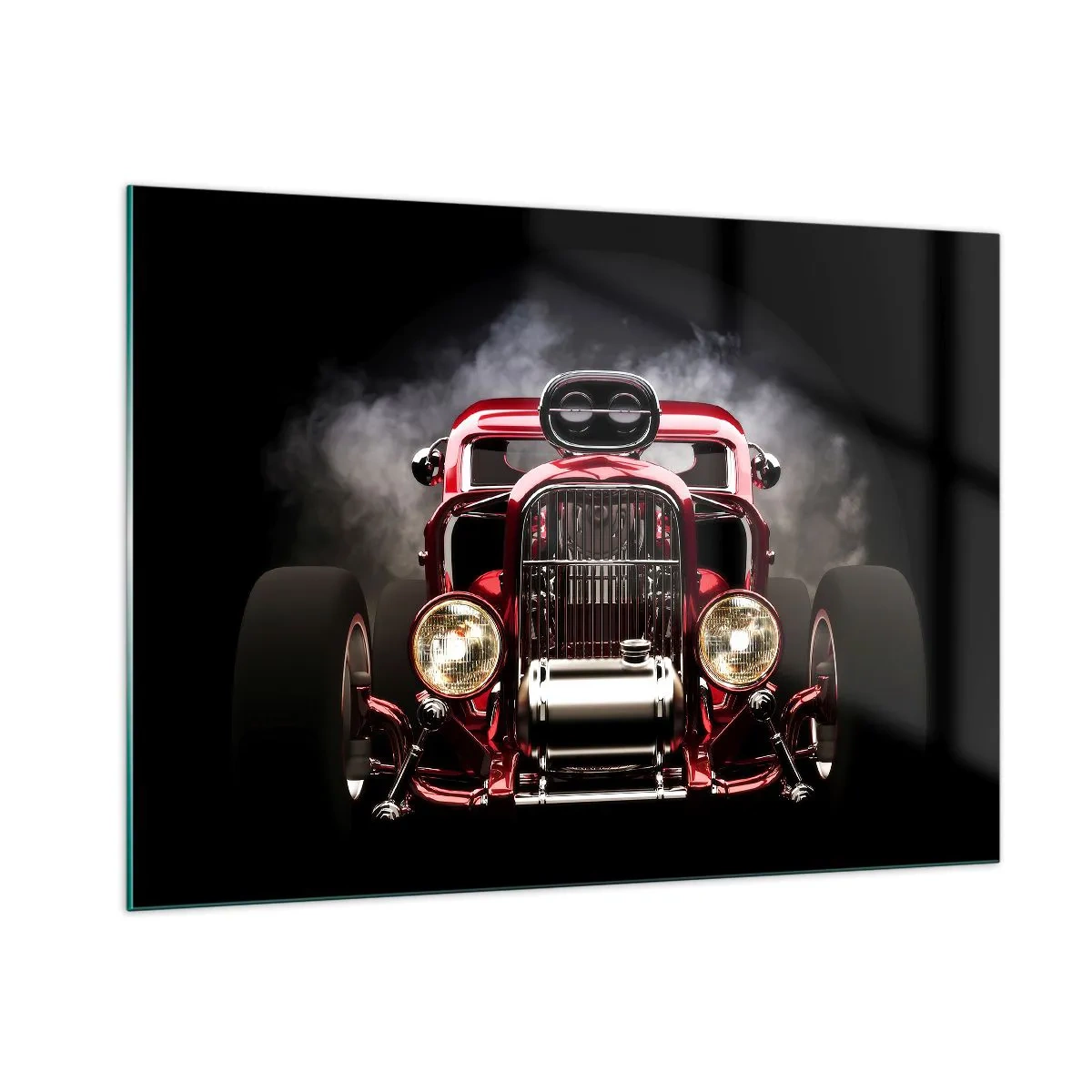 Obraz na szkle - Czerwony hot rod w gęstym dymie - 100x70cm - Szybki i wściekle piękny - Nowoczesna dekoracja ścienna do salonu, kuchni i sypialni ARTTOR