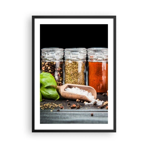 Plakat w czarnej ramie - Słoiki z przyprawami na ciemnym tle - 50x70cm - Żeby życie miało smak - Nowoczesna dekoracja ścienna do salonu i sypialni ARTTOR