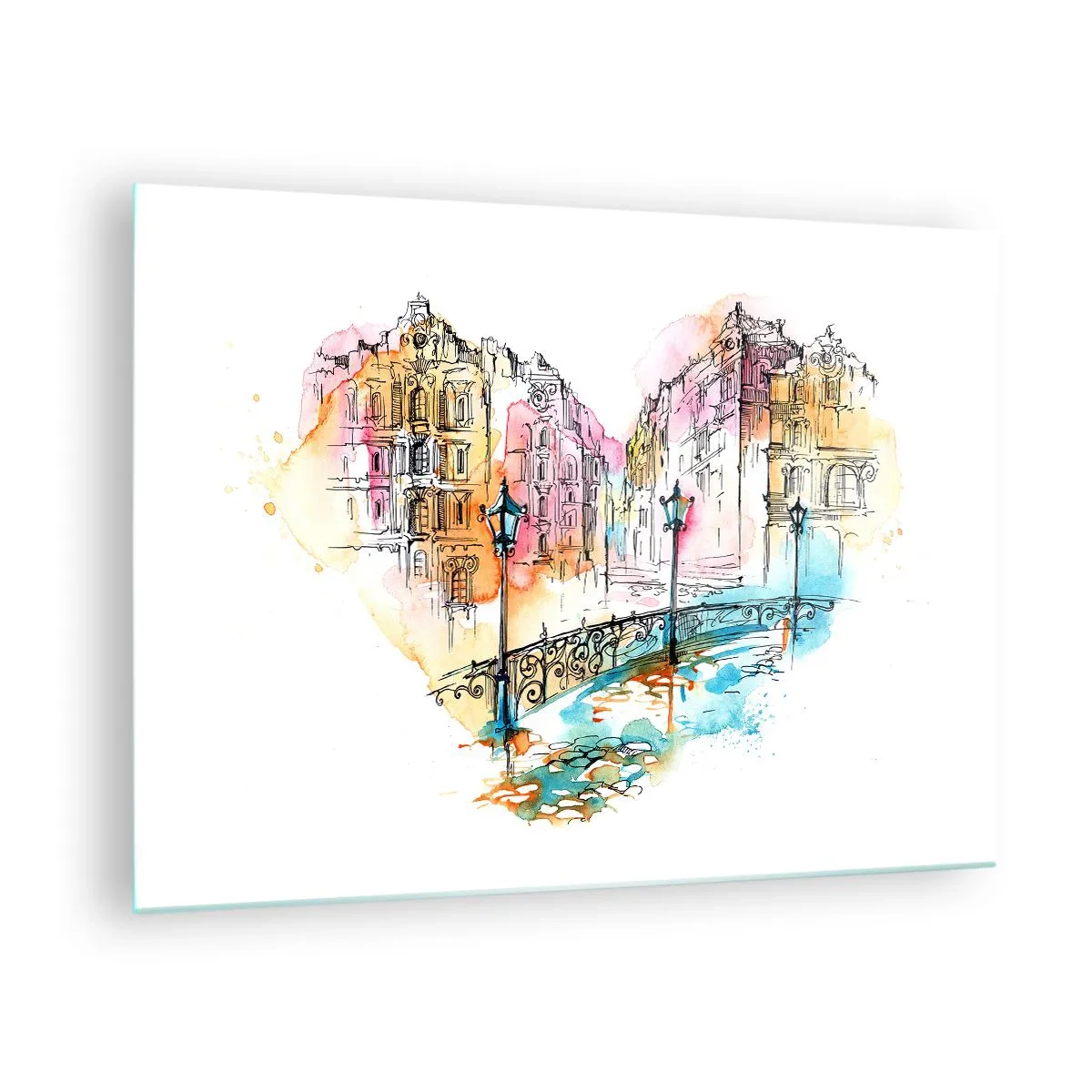 Obraz na szkle - Romantyczne kamienice z mostem w kształcie serca, akwarela - 70x50cm - Serce miasta - Nowoczesna dekoracja ścienna do salonu i sypialni ARTTOR