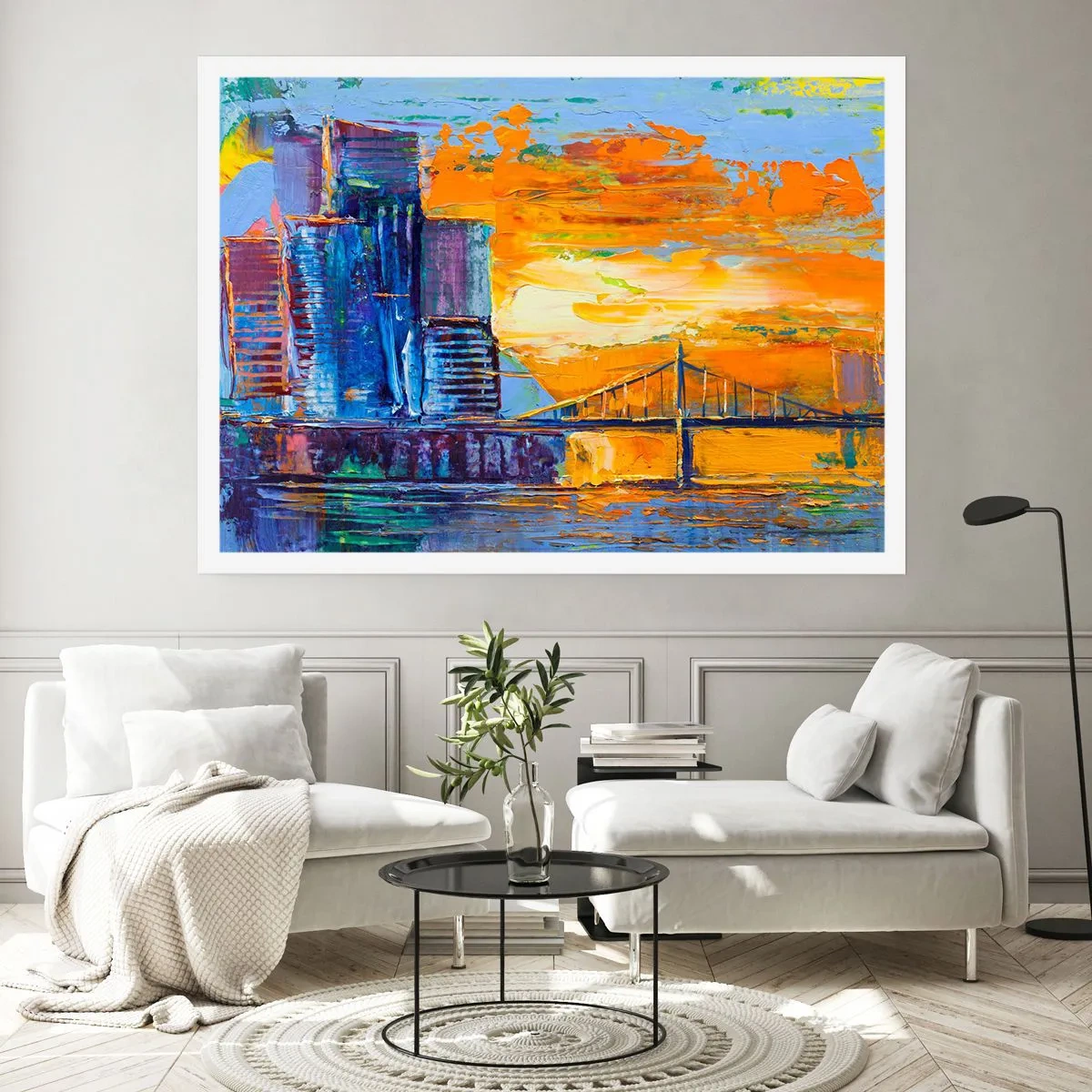 Plakat - Kolorowe miasto z mostem w zachodzącym słońcu - 100x70cm - Kultura i natura - Nowoczesna dekoracja ścienna do salonu i sypialni ARTTOR