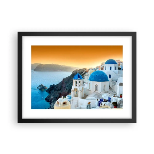 Plakat w czarnej ramie - Santorini - przytulone do skał - 40x30 cm