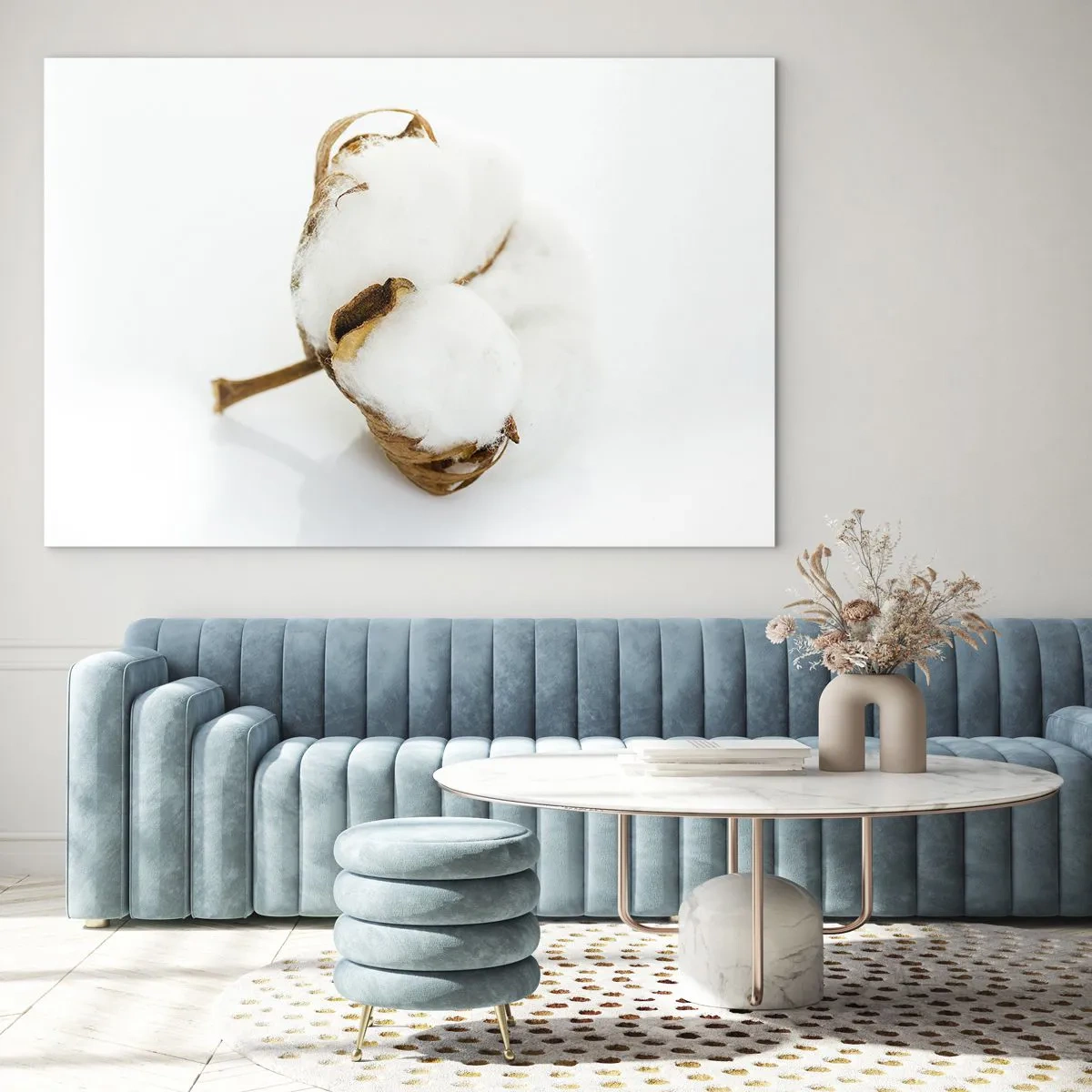 Obraz na szkle - Pojedynczy puchaty kwiat bawełny na białym tle - 70x50cm - Miękka z natury - Nowoczesna dekoracja ścienna do salonu i sypialni ARTTOR