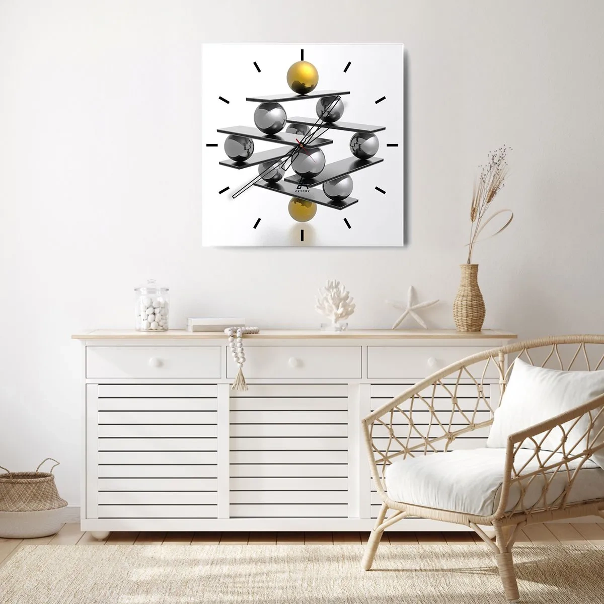 Zegar ścienny - Geometryczna kompozycja z metalowymi kulami i złotym akcentem - 30x30cm - Złoto-srebrna równowaga - Nowoczesna dekoracja ścienna do salonu i sypialni ARTTOR