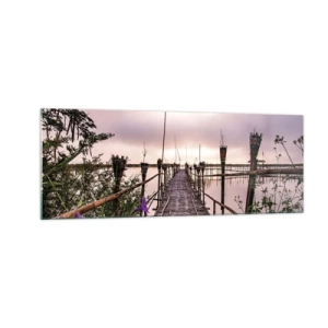 Obraz na szkle - Bambusowy most na wodzie o świcie - 140x50cm - Spokój i cisza Azji - Nowoczesna dekoracja ścienna do salonu i sypialni ARTTOR