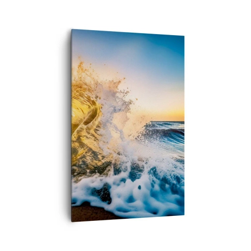 Obraz na płótnie - Złota fala na tle zachodzącego słońca - 80x120cm - Zabawa na piasku - Nowoczesna dekoracja ścienna do salonu i sypialni ARTTOR