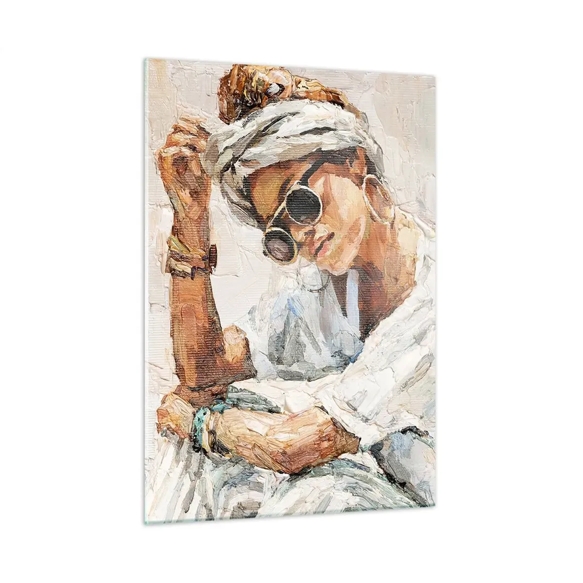 Obraz na szkle - Portret kobiety w okularach i turbanie namalowany szpachlą - 50x70cm - Portret w pełnym słońcu - Nowoczesna dekoracja ścienna do salonu, kuchni i sypialni ARTTOR