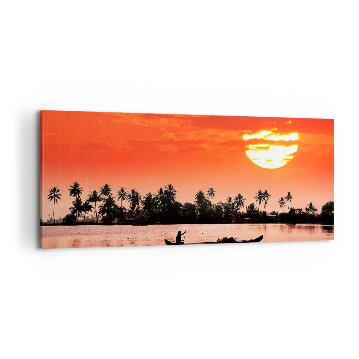 Obraz na płótnie - Tropikalny zachód słońca z łodzią na tle palm - 120x50cm - Spokój tropików o zachodzie - Nowoczesna dekoracja ścienna do salonu i sypialni ARTTOR