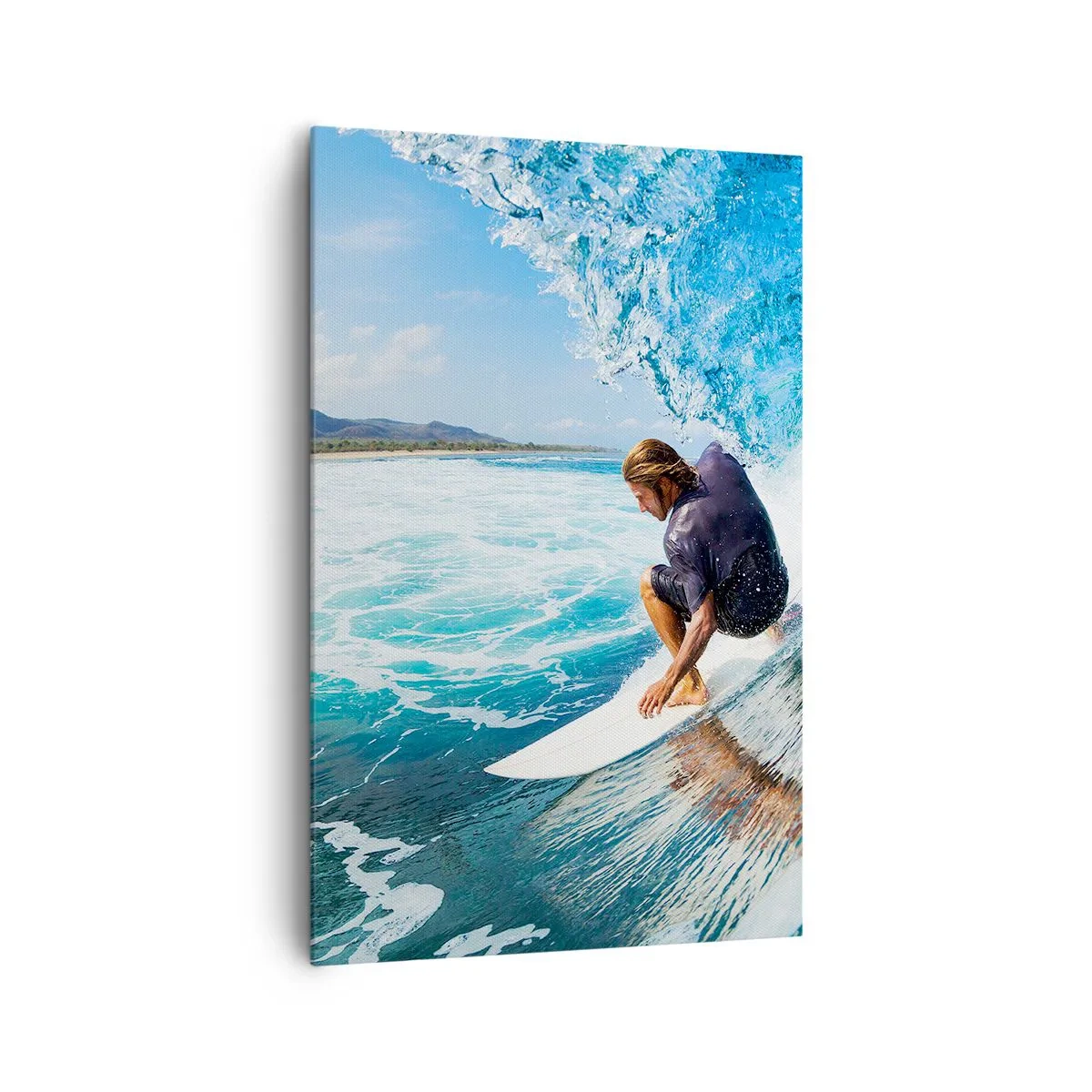 Obraz na płótnie - Surfer w dynamicznej pozie na fali w turkusowej wodzie - 80x120cm - Tańczący z falami - Nowoczesna dekoracja ścienna do salonu i sypialni ARTTOR