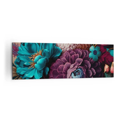 Obraz na płótnie - Bukiet kwiatów w intensywnych kolorach na ciemnym tle - 160x50cm - Natura na bogato - Nowoczesna dekoracja ścienna do salonu i sypialni ARTTOR