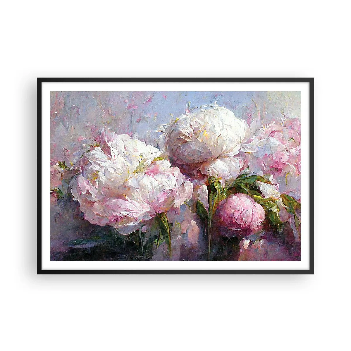 Plakat w czarnej ramie - Romantyczne kwiaty piwonii w pastelowych barwach - 100x70cm - Kipiący życiem bukiet - Nowoczesna dekoracja ścienna do salonu i sypialni ARTTOR