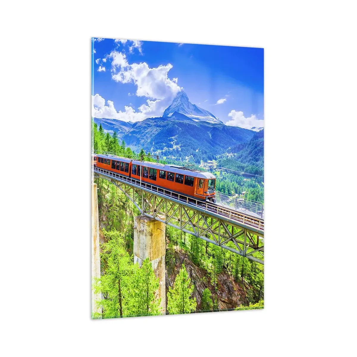 Obraz na szkle - Górska kolejka na moście z widokiem na wodospad i góry - 80x120cm - Kolej na Alpy - Nowoczesna dekoracja ścienna do salonu i sypialni ARTTOR