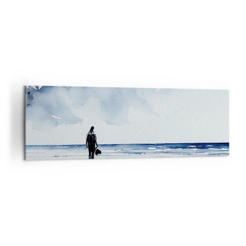 Obraz na płótnie - Postać na plaży w spokojnym otoczeniu morza - 160x50cm - Rozmowa z morzem - Nowoczesna dekoracja ścienna do salonu i sypialni ARTTOR
