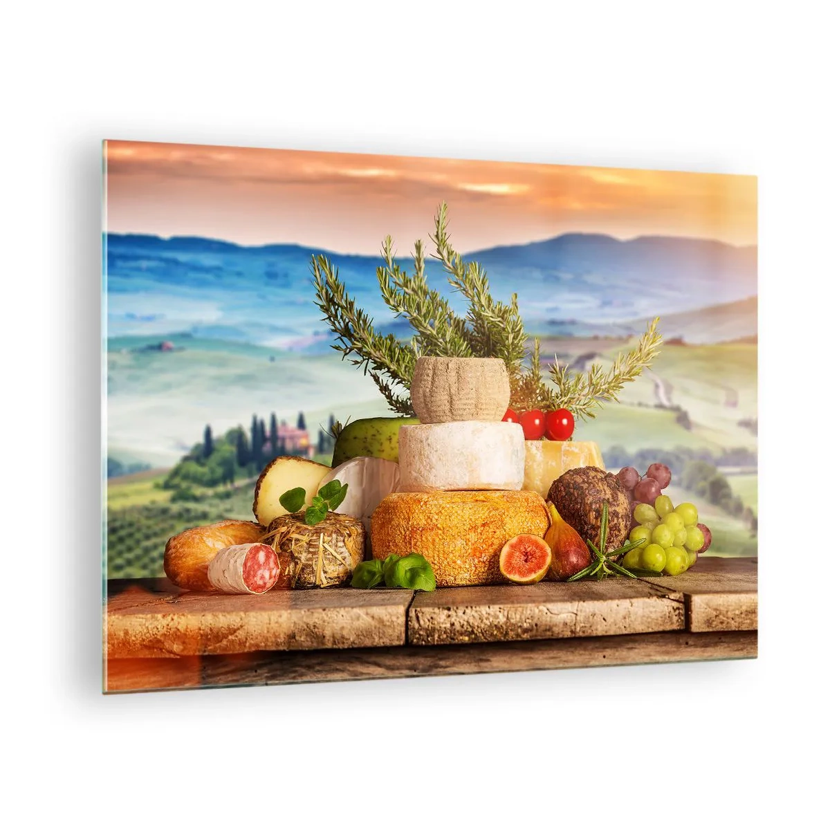 Obraz na szkle - Kompozycja serów i owoców na tle toskańskiego krajobrazu - 70x50cm - Włoska radość życia - Nowoczesna dekoracja ścienna do salonu i sypialni ARTTOR