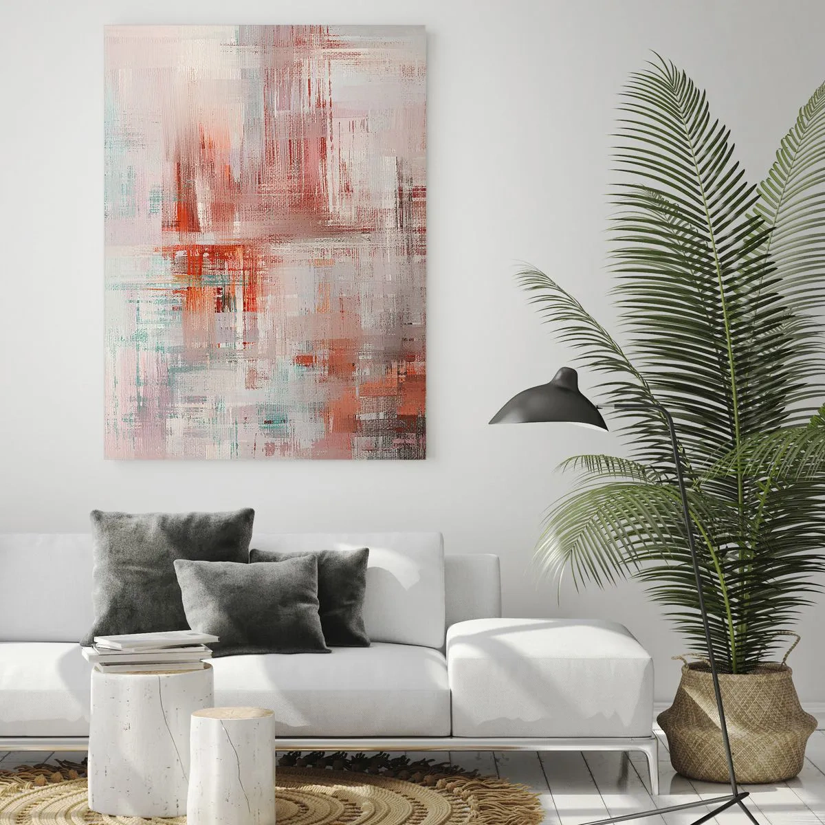 Obraz na szkle - Abstrakcyjna kompozycja w odcieniach czerwieni i beżu - 50x70cm - Zamglone. Ale różowe - Nowoczesna dekoracja ścienna do salonu, kuchni i sypialni ARTTOR