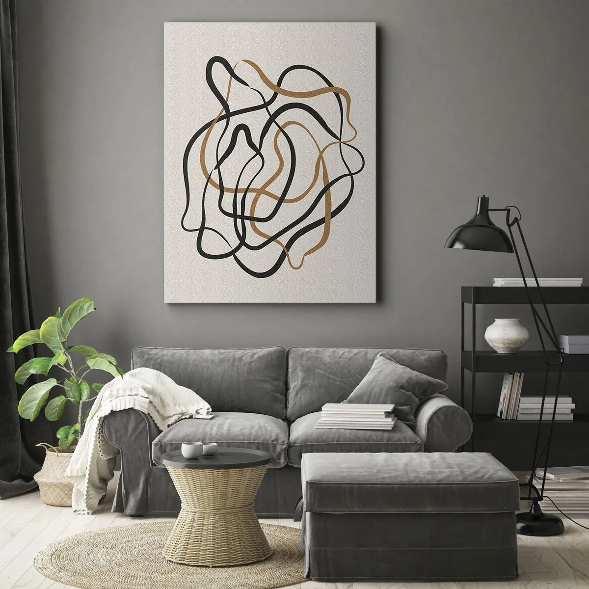 Obraz na płótnie - Dynamiczna kompozycja skręconych linii w czerni, bieli i złocie - 50x70cm - Wszystko się pokręciło - Nowoczesna dekoracja ścienna do salonu, kuchni i sypialni ARTTOR