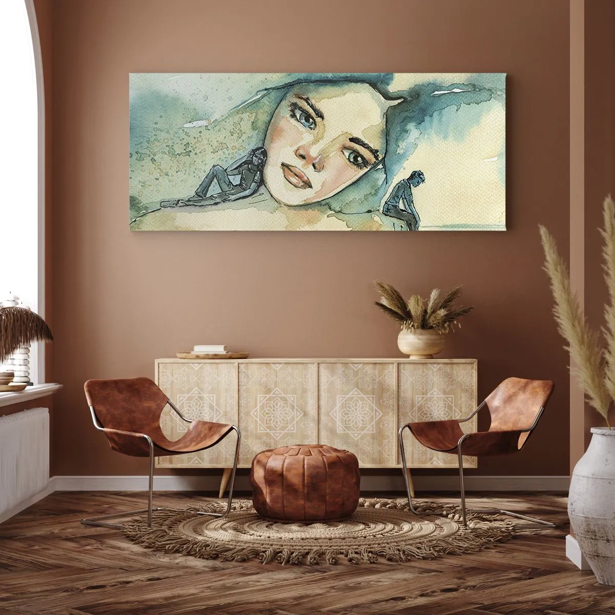 Obraz na płótnie - Akwarela twarzy kobiety z refleksyjnym motywem - 160x50cm - Am I blue? - Nowoczesna dekoracja ścienna do salonu i sypialni ARTTOR