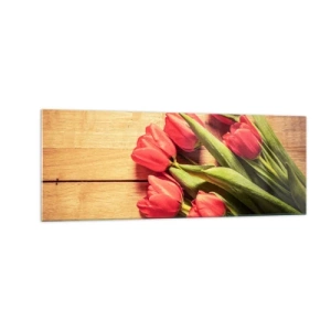 Obraz na szkle - Bukiet różowych tulipanów na drewnianym tle - 140x50cm - Wiosenne wyznanie - Nowoczesna dekoracja ścienna do salonu i sypialni ARTTOR