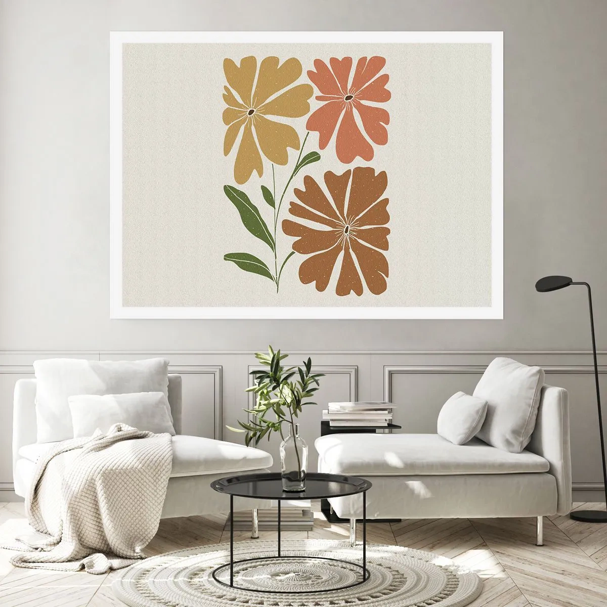 Plakat - Trzy kwiaty w ciepłych barwach na jasnym tle - 100x70cm - Natura i geometria - Nowoczesna dekoracja ścienna do salonu i sypialni ARTTOR