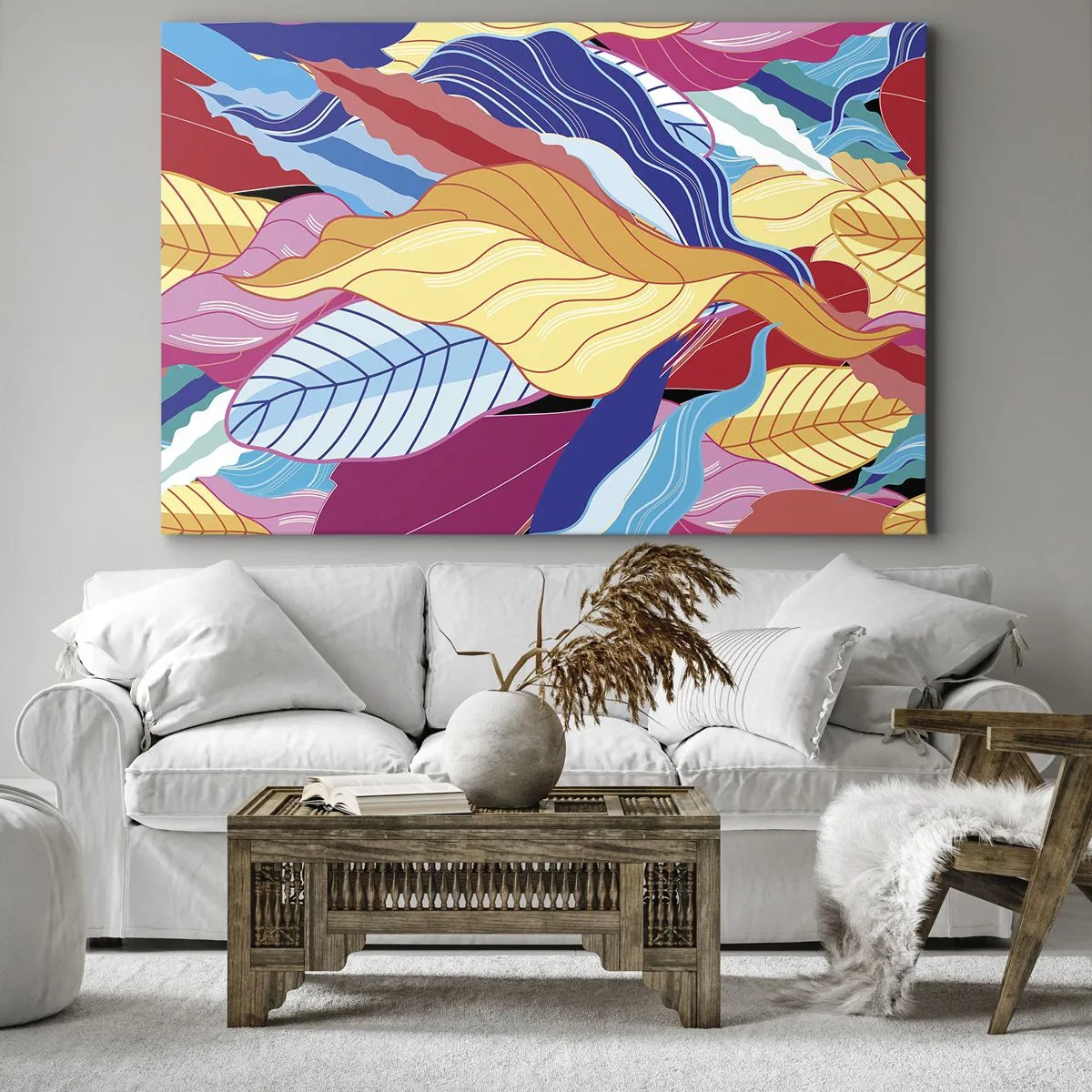 Obraz na płótnie - Barwne liście w żywych kolorach tworzące dynamiczną kompozycję - 70x50cm - Kolorowy bałagan - Nowoczesna dekoracja ścienna do salonu i sypialni ARTTOR