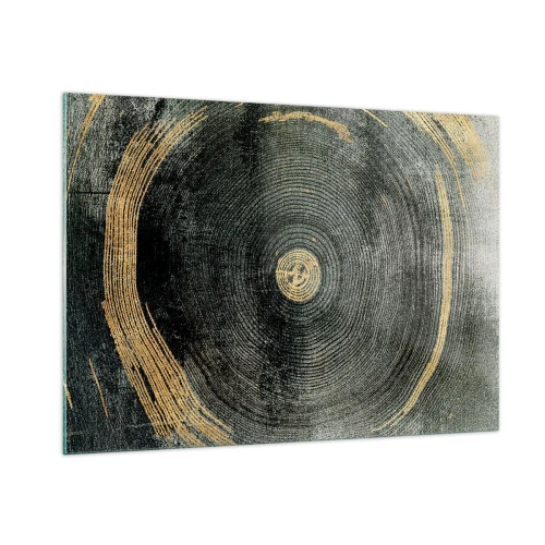 Obraz na szkle - Przekrój pnia drzewa z detalem i złotymi akcentami - 100x70cm - Zmiana i trwanie - Nowoczesna dekoracja ścienna do salonu, kuchni i sypialni ARTTOR