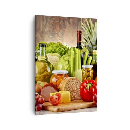 Obraz na płótnie - Kolorowe owoce, warzywa i produkty spożywcze - 70x100cm - Wędzone, pieczone, marynowane - Nowoczesna dekoracja ścienna do salonu i sypialni ARTTOR