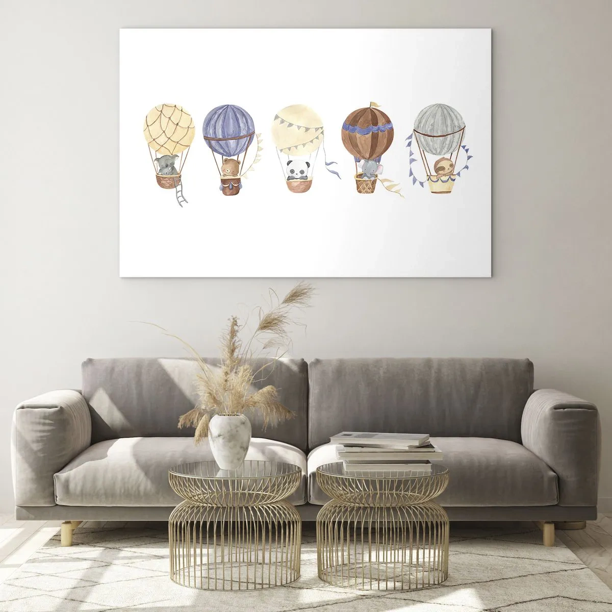 Obraz na szkle - Zwierzątka lecące w balonach w stylu akwarelowym - 70x50cm - Przyjaciele w podróży - Nowoczesna dekoracja ścienna do salonu i sypialni ARTTOR