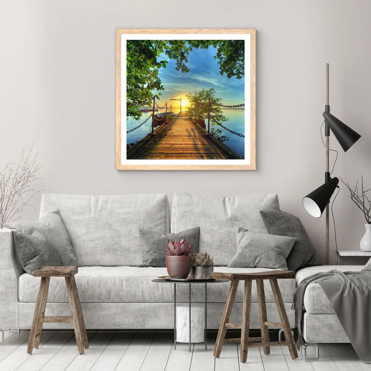 Plakat w ramie jasny dąb - Zachód nad wodą - 30x30 cm