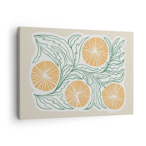 Obraz na płótnie - Minimalistyczny motyw pomarańczy z zielonymi liśćmi - 70x50cm - Etnicznie z nutą abstrakcji - Nowoczesna dekoracja ścienna do salonu i sypialni ARTTOR