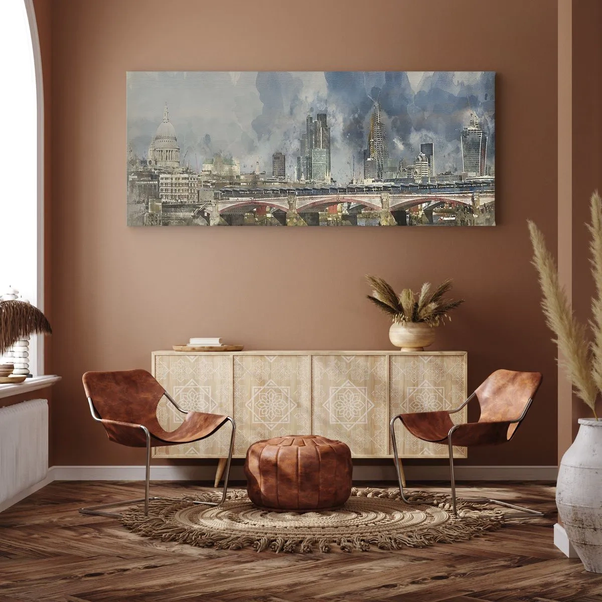 Obraz na płótnie - Akwarelowy widok na most i panoramę miasta - 160x50cm - Londyn w całej okazałości - Nowoczesna dekoracja ścienna do salonu i sypialni ARTTOR
