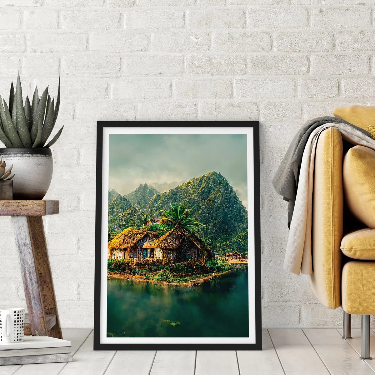 Plakat w czarnej ramie - Tropikalna chata na tle gór i jeziora - 50x70cm - Tropikalny raj - Nowoczesna dekoracja ścienna do salonu i sypialni ARTTOR