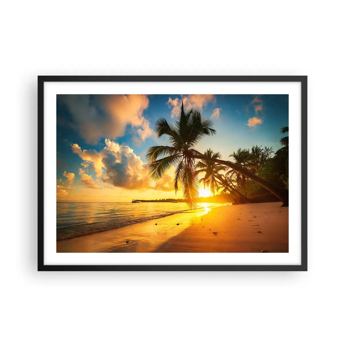 Plakat w czarnej ramie - Plaża o zachodzie słońca z palmami nad brzegiem morza - 70x50cm - Karaibskie marzenie - Nowoczesna dekoracja ścienna do salonu i sypialni ARTTOR