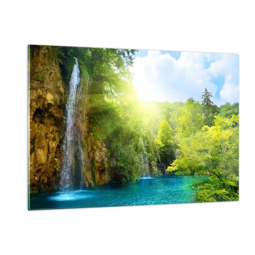 Obraz na szkle - Wodospad wpadający do błękitnego jeziora otoczonego zielenią - 120x80cm - To musi być Eden - Nowoczesna dekoracja ścienna do salonu, kuchni i sypialni ARTTOR