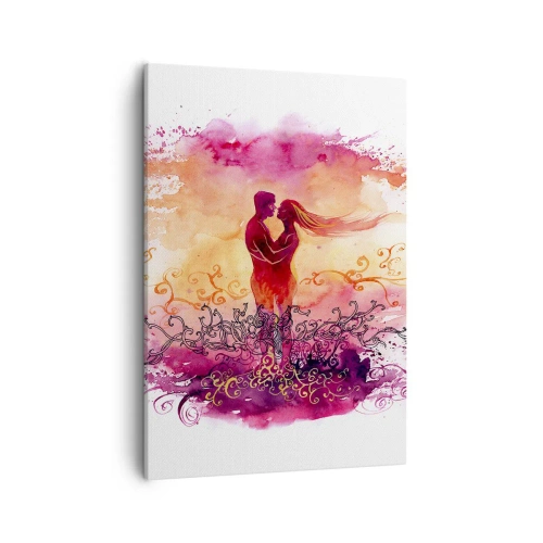 Obraz na płótnie - Zakochana para w objęciach z artystycznym tłem - 50x70cm - Jednego serca! Tak mało mi trzeba… - Nowoczesna dekoracja ścienna do salonu, kuchni i sypialni ARTTOR
