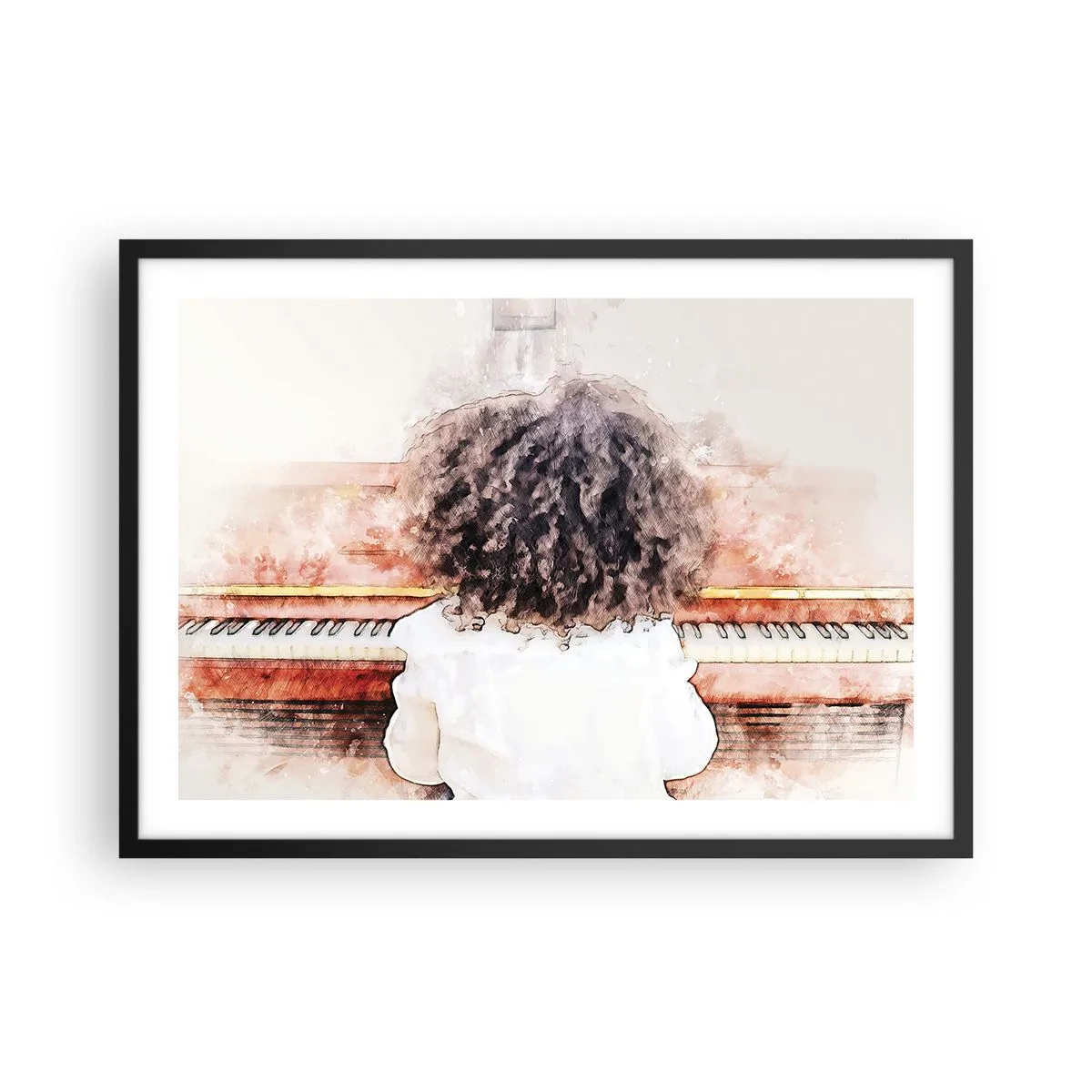 Plakat w czarnej ramie - Dziewczynka z bujnymi włosami przy fortepianie - 70x50cm - W nowym świecie - Nowoczesna dekoracja ścienna do salonu i sypialni ARTTOR