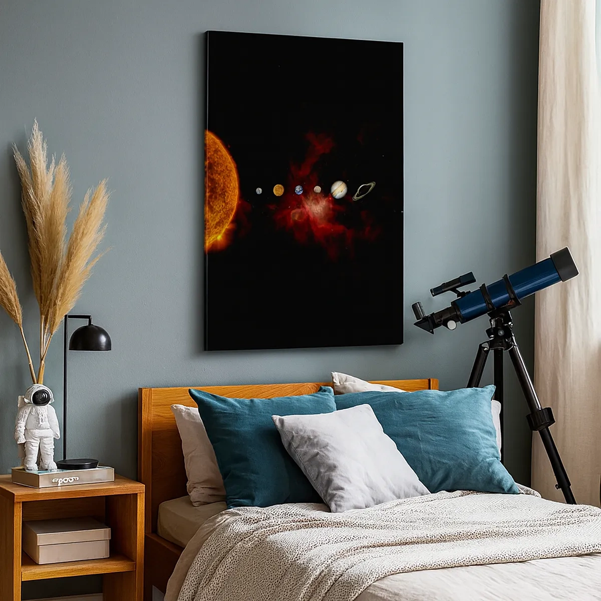 Obraz na płótnie - Układ Słoneczny z planetami i Słońcem na tle kosmicznej mgławicy - 50x70cm - Nasza okolica - Nowoczesna dekoracja ścienna do salonu, kuchni i sypialni ARTTOR