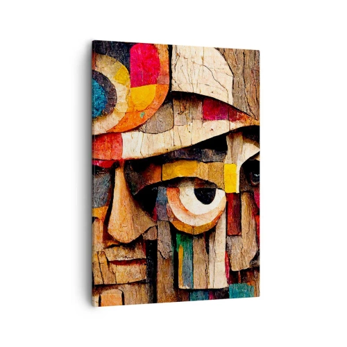 Obraz na płótnie - Kolorowa, drewniana mozaika przedstawiająca ludzką twarz - 50x70cm - Widzę cię… - Nowoczesna dekoracja ścienna do salonu, kuchni i sypialni ARTTOR