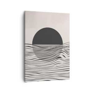 Obraz na płótnie - Abstrakcyjna kompozycja czarnego koła i falistych linii na jasnym tle - 50x70cm - Kompozycja połowiczna - Nowoczesna dekoracja ścienna do salonu, kuchni i sypialni ARTTOR