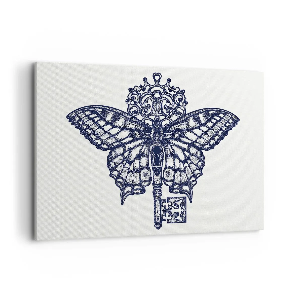 Obraz na płótnie - Stylowa grafika motyla z kluczem w minimalistycznym stylu - 100x70cm - Wszystkie tajemnice serca - Nowoczesna dekoracja ścienna do salonu, kuchni i sypialni ARTTOR