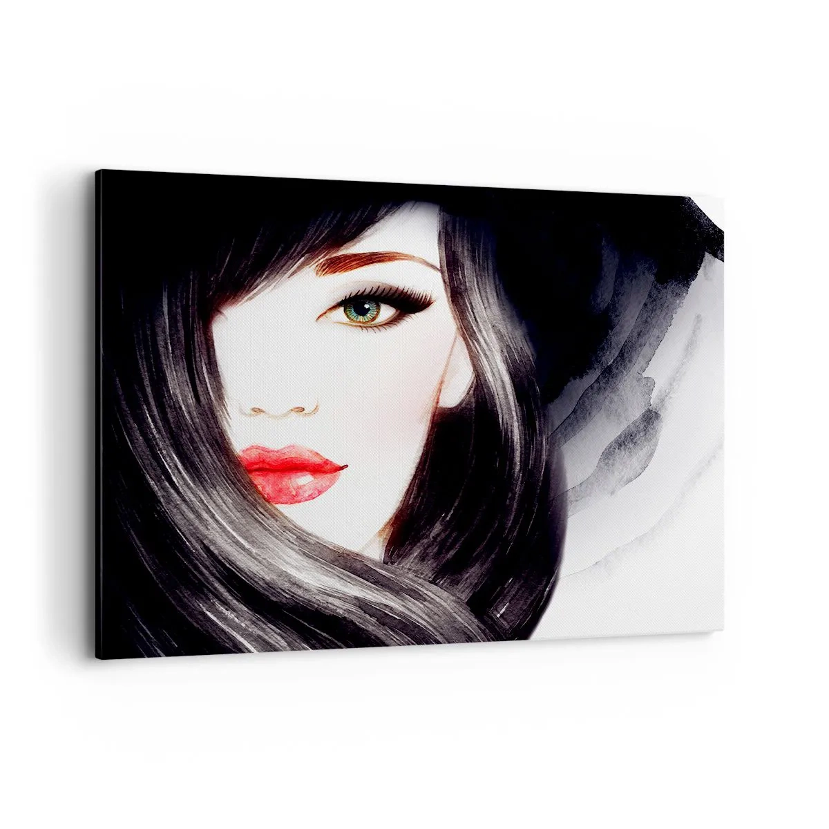 Obraz na płótnie - Portret kobiety z wyrazistym spojrzeniem i czerwonymi ustami - 120x80cm - Szafirowe spojrzenie - Nowoczesna dekoracja ścienna do salonu, kuchni i sypialni ARTTOR