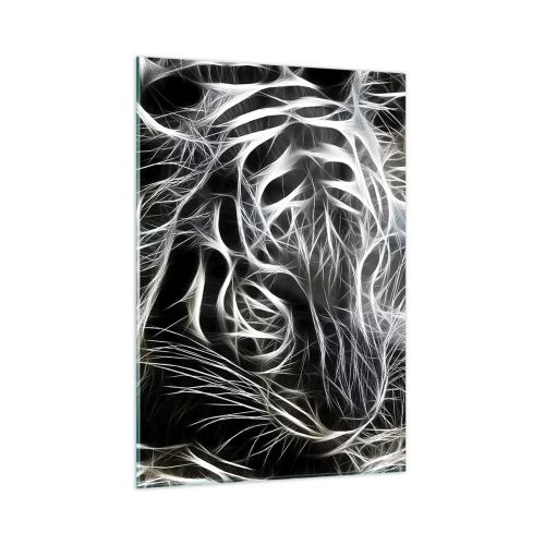 Obraz na szkle - Abstrakcyjny tygrys w świetlistych liniach na czarnym tle - 50x70cm - Studium kociej lekkości - Nowoczesna dekoracja ścienna do salonu, kuchni i sypialni ARTTOR