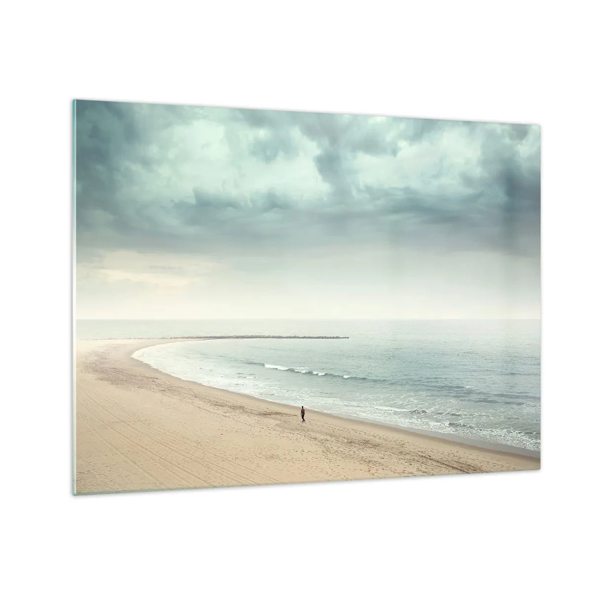 Obraz na szkle - Spacerująca postać na pustej plaży przy spokojnym morzu - 70x50cm - w poszukiwaniu spokoju - Nowoczesna dekoracja ścienna do salonu i sypialni ARTTOR